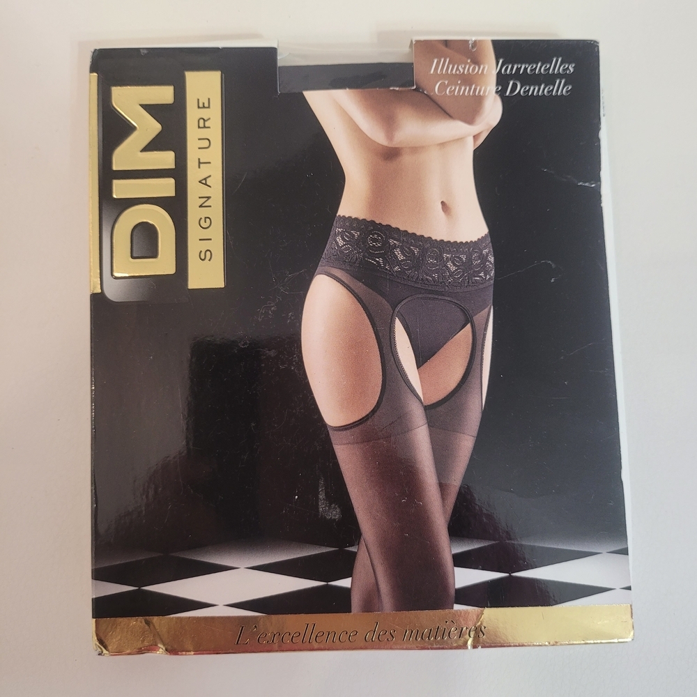 DIM Signature Black Lace Garter Tights Size 2
